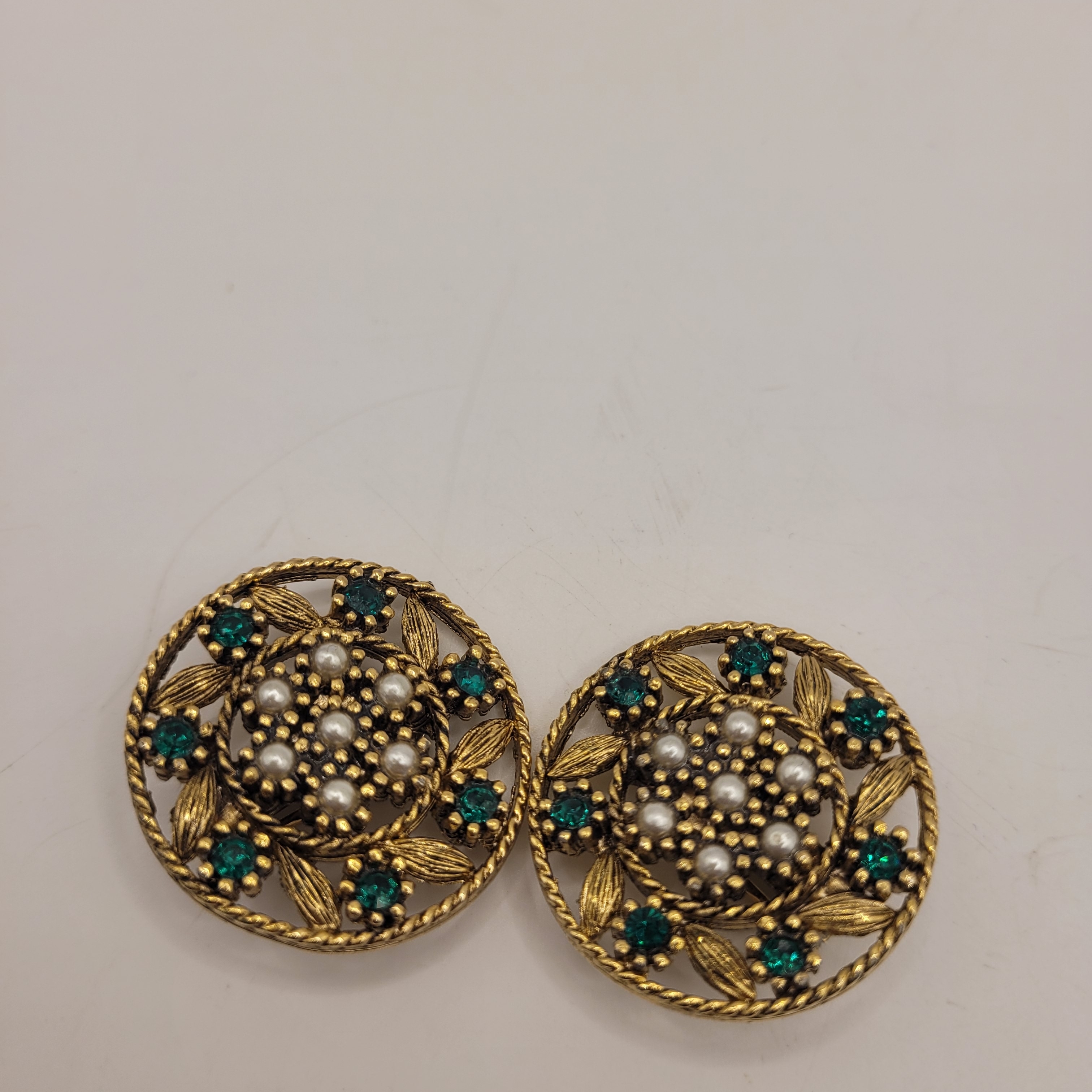 Vintage Gold And Green Floral Earrings